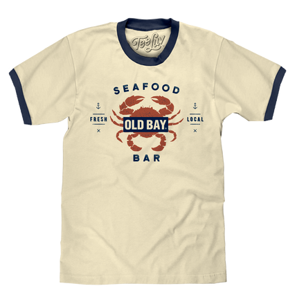 Old  Bay Seafood Bar Lobster Logo Ringer T-Shirt - Beige and Navy