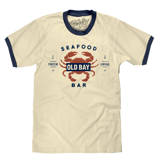 Old  Bay Seafood Bar Lobster Logo Ringer T-Shirt - Beige and Navy