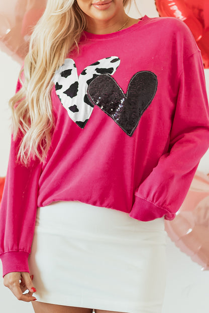 Strawberry Pink Cow & Sequin Double Heart Patch Graphic Sweatshirt - Aaria Tees