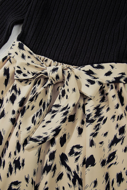 Leopard Patchwork Ribbed Knit Belted Dress