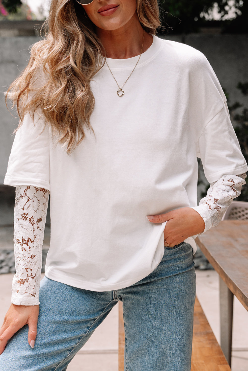 Lace Insert Long Sleeve Drop Shoulder Tee