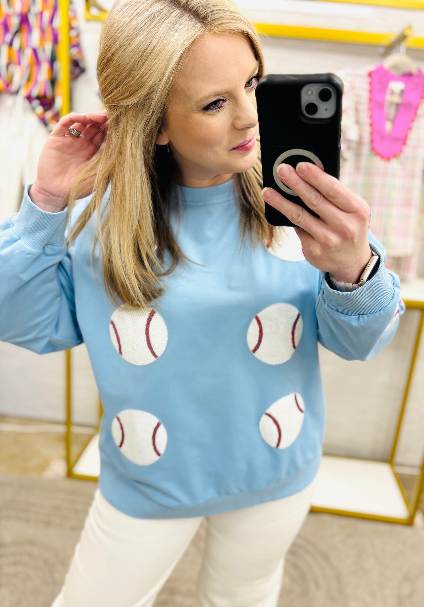 Denim Sequin Baseball Patches Pullover