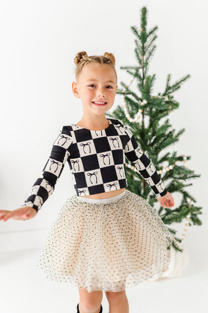 Checkered Bow | CROPPED Bow Back Long Sleeve Top