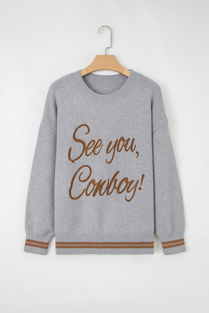 Coffee See You Cowboy Embroidered Western Graphic Sweater