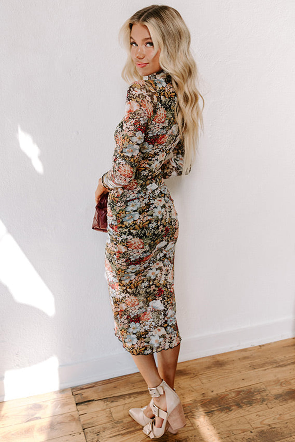 Brown Floral Allover Print Mock Neck Bodycon Long Sleeve Midi Dress - Aaria Tees