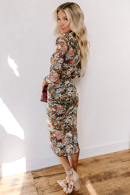 Brown Floral Allover Print Mock Neck Bodycon Long Sleeve Midi Dress - Aaria Tees