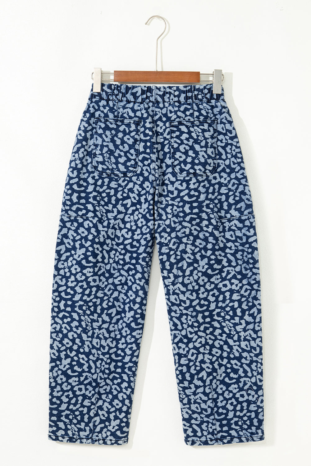 Blue Leopard Printed Drawstring Waist Pocketed Wide Leg Jeans