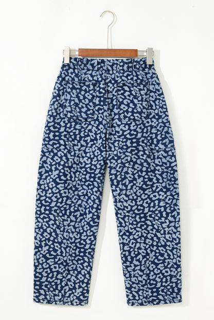 Blue Leopard Printed Drawstring Waist Pocketed Wide Leg Jeans