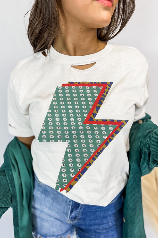 White Rhinestone Decor Bolt Graphic Ripped Western Tee Aaria Tees