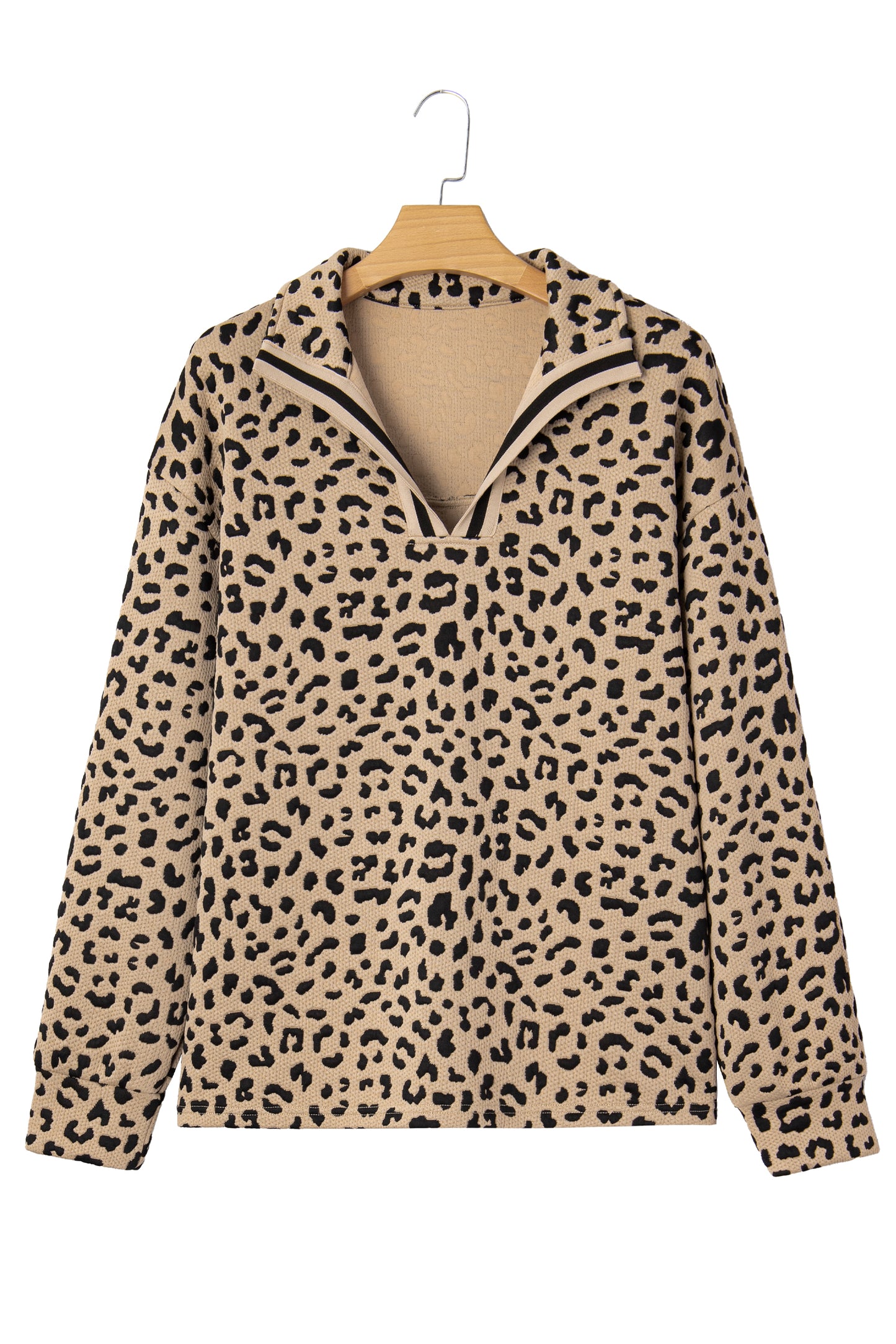 Parchment Leopard Polo Collar V Neck Pullover Top