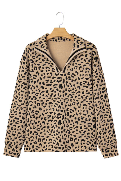 Parchment Leopard Polo Collar V Neck Pullover Top