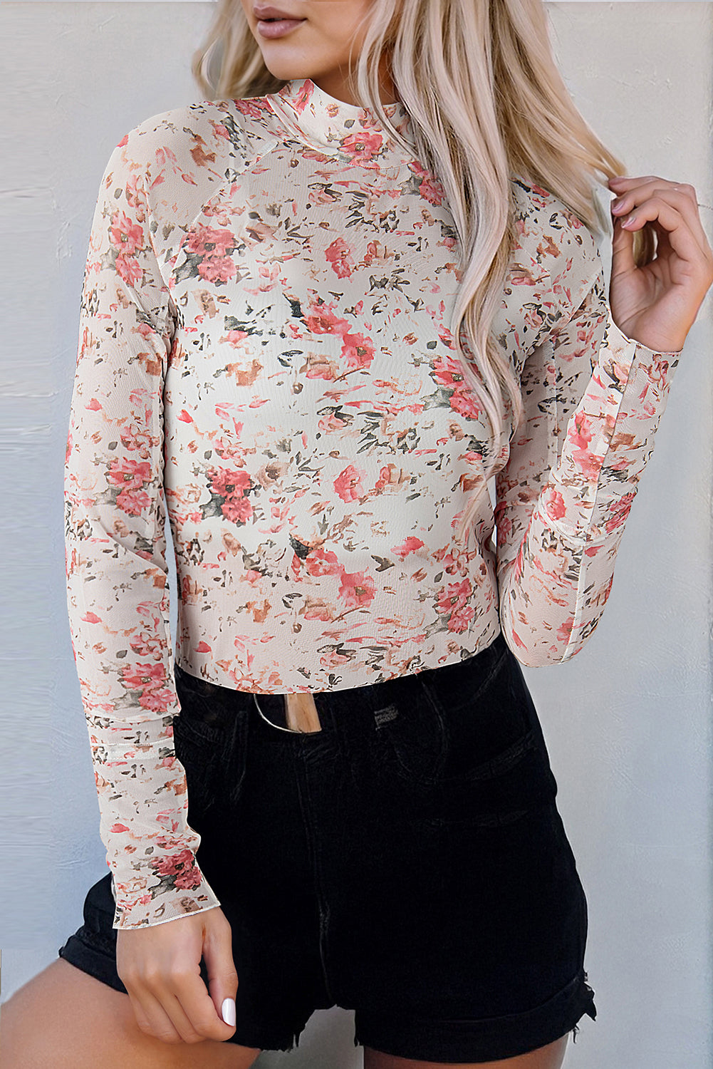 Brown Floral Long Sleeve High Neck Sheath Mesh Blouse - Aaria Tees