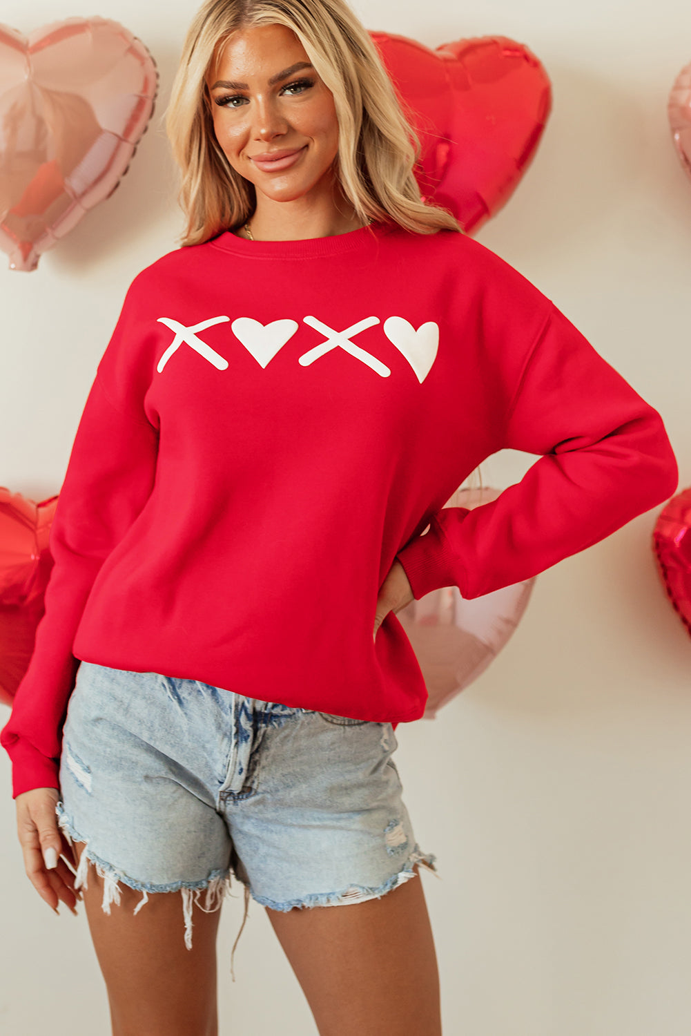 Red Puff XOXO Print Valentines Heart Sweatshirt - Aaria Tees