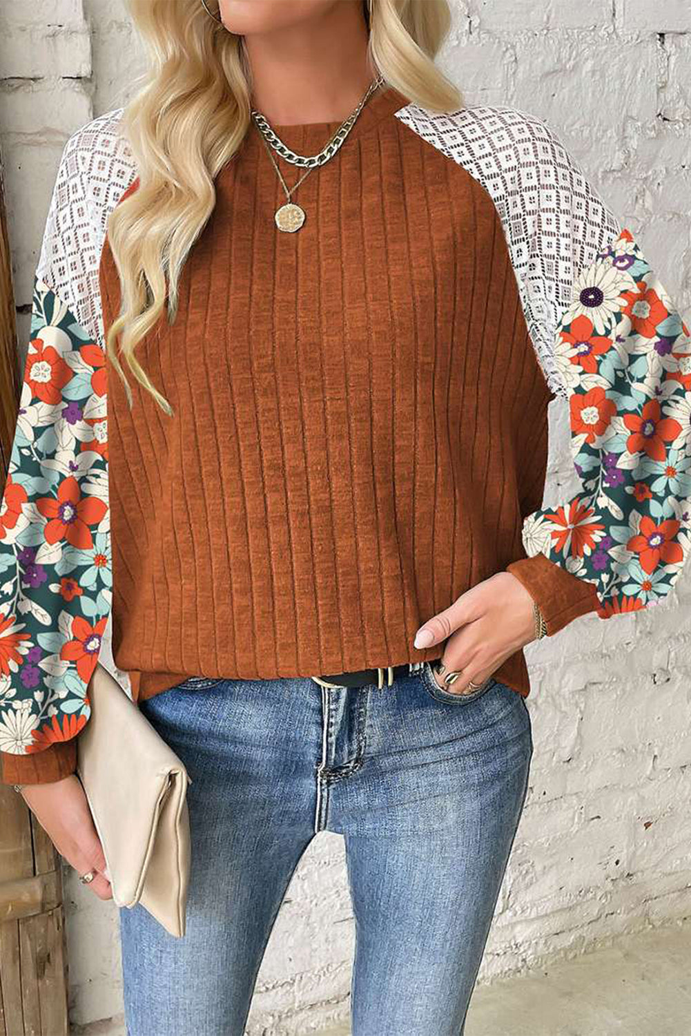 Black Floral Patchwork Long Sleeve Ribbed Blouse Aaria Tees