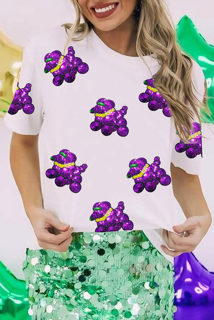 White Sequin Balloon Puppy Graphic Mardi Gras Tee - Aaria Tees