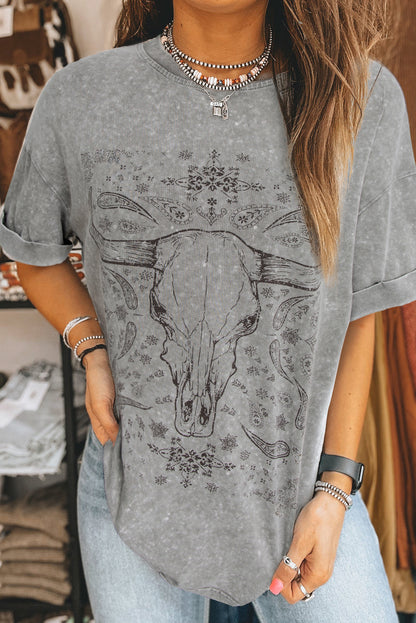 Light Grey Western Steer Head Tie Dye Print Crew Neck T Shirt - Aaria Tees
