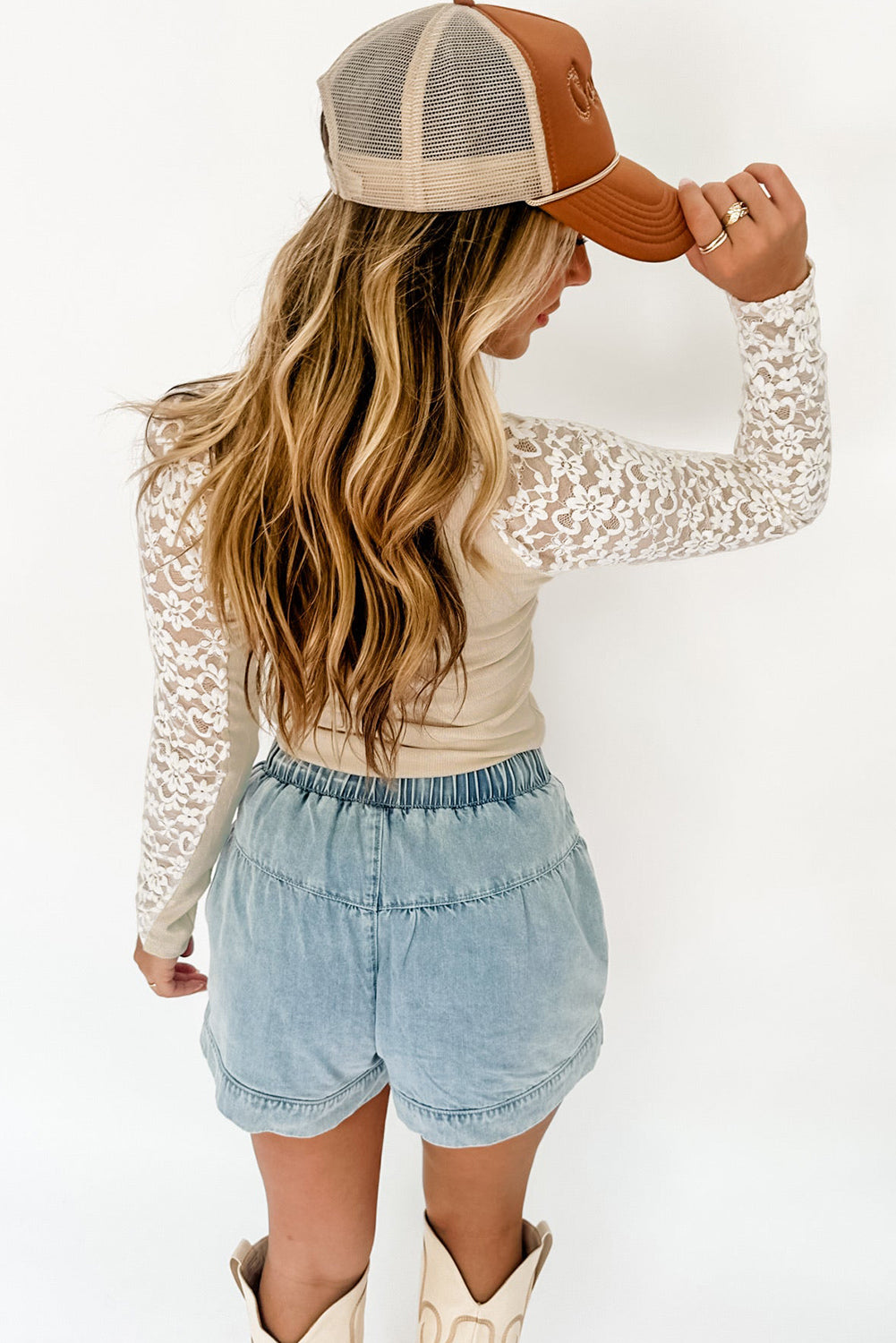 Beige Floral Lace Patchwork Long Sleeve High Neck Slim Top Aaria Tees