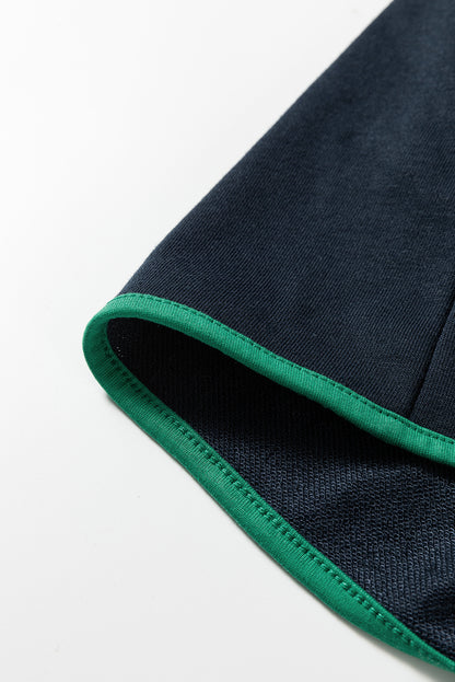 Navy Blue Color Block Patchwork Half Button Pullover and Shorts 2pcs Outfit