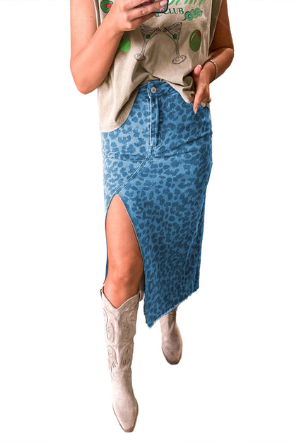 Sky Blue Leopard Denim Frayed Split Denim Midi Skirt