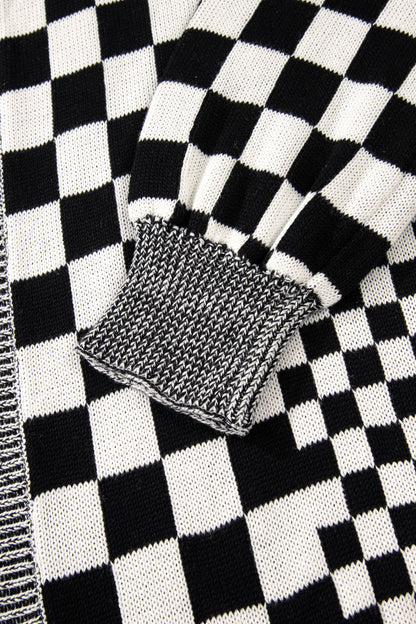 Black Checkered Bubble Sleeve Drop Shoulder Open Cardigan