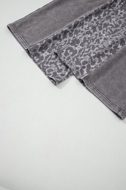 Dark Grey Mineral Wash Leopard Patchwork Loose Pants