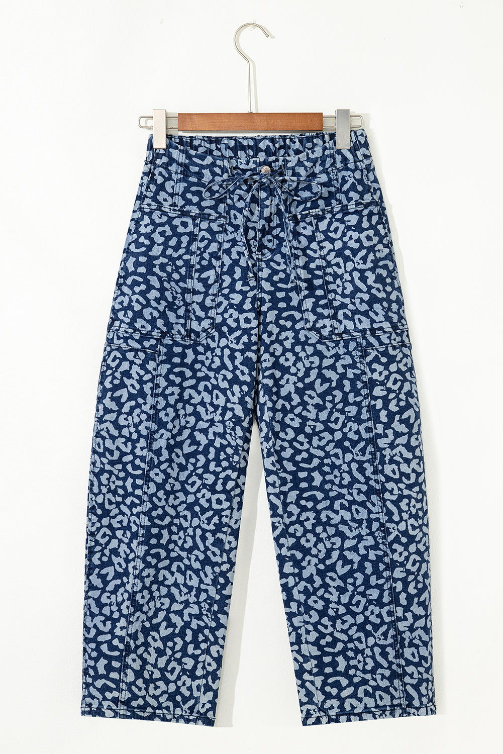 Blue Leopard Printed Drawstring Waist Pocketed Wide Leg Jeans