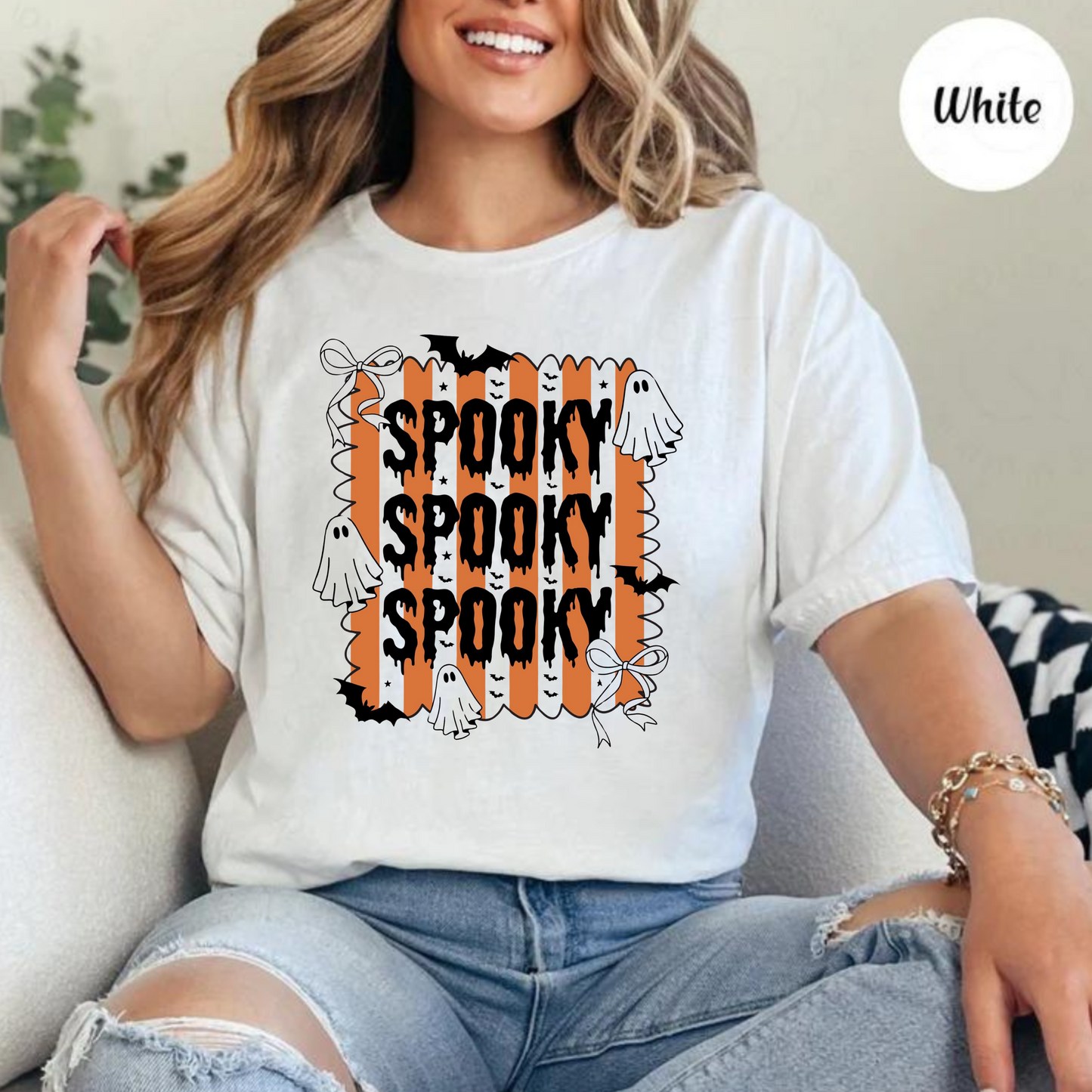 Orange Stripe Spooky Spooky Spooky Graphic Tee