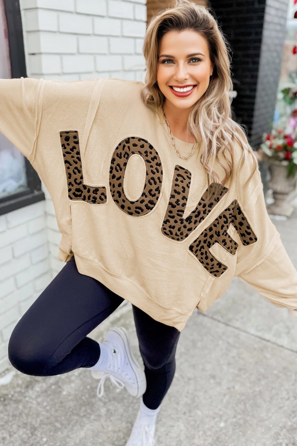Parchment Oversize Leopard LOVE Patched Graphic Round Neck Casual Sweatshirt