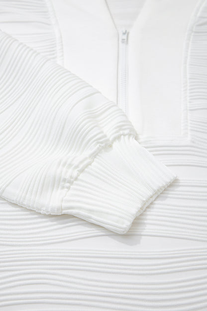 White Solid Color Textured Zip V Neck Pullover Sweatshirt