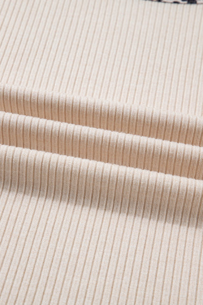 Parchment Ribbed Contrast Leopard Edge Round Neck Plus Knit Top