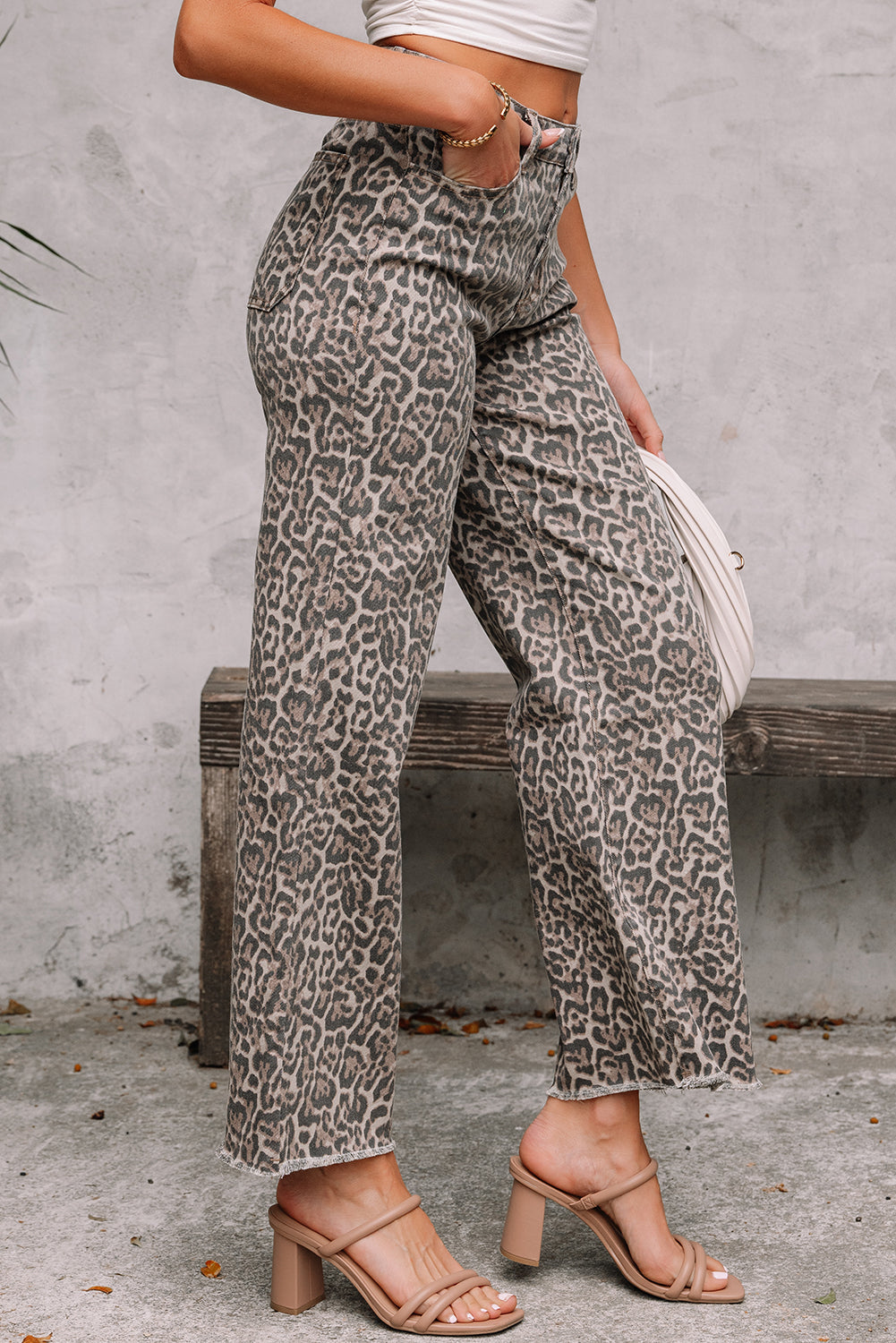 Leopard Frayed Edge Wide Leg Jeans