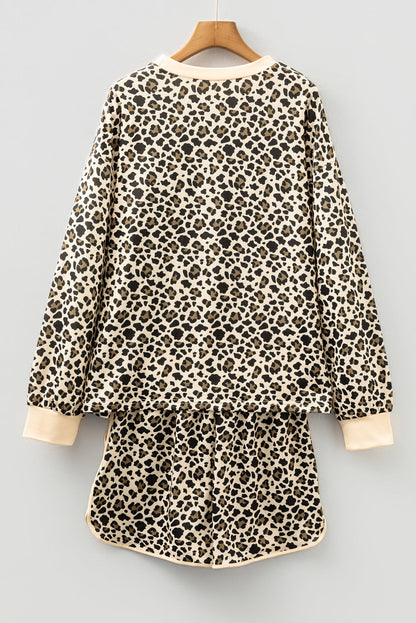 Leopard Contrast Trim Pullover and Drawstring Shorts Set