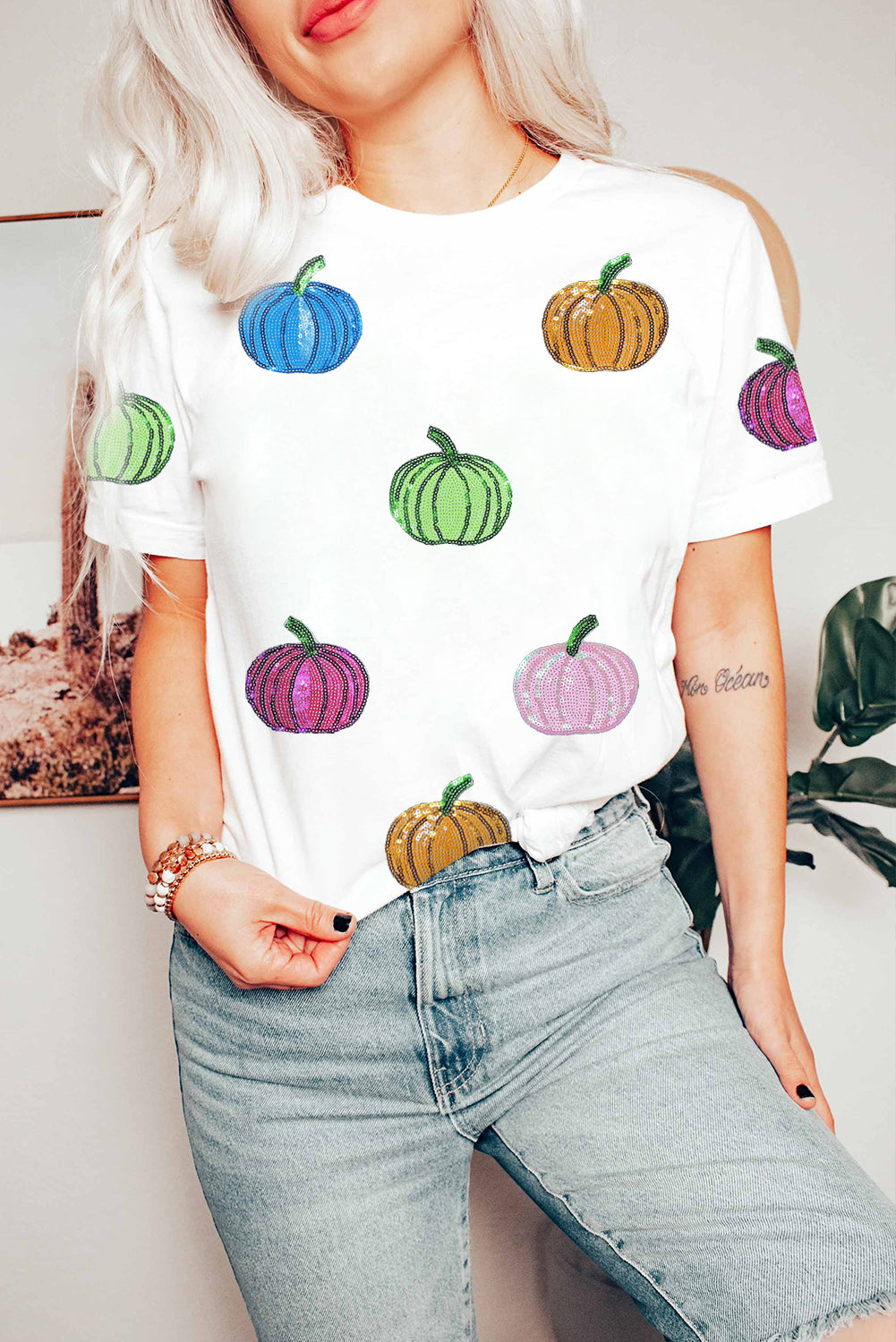 White Sequin Pumpkin Patched Cotton Blend T Shirt
