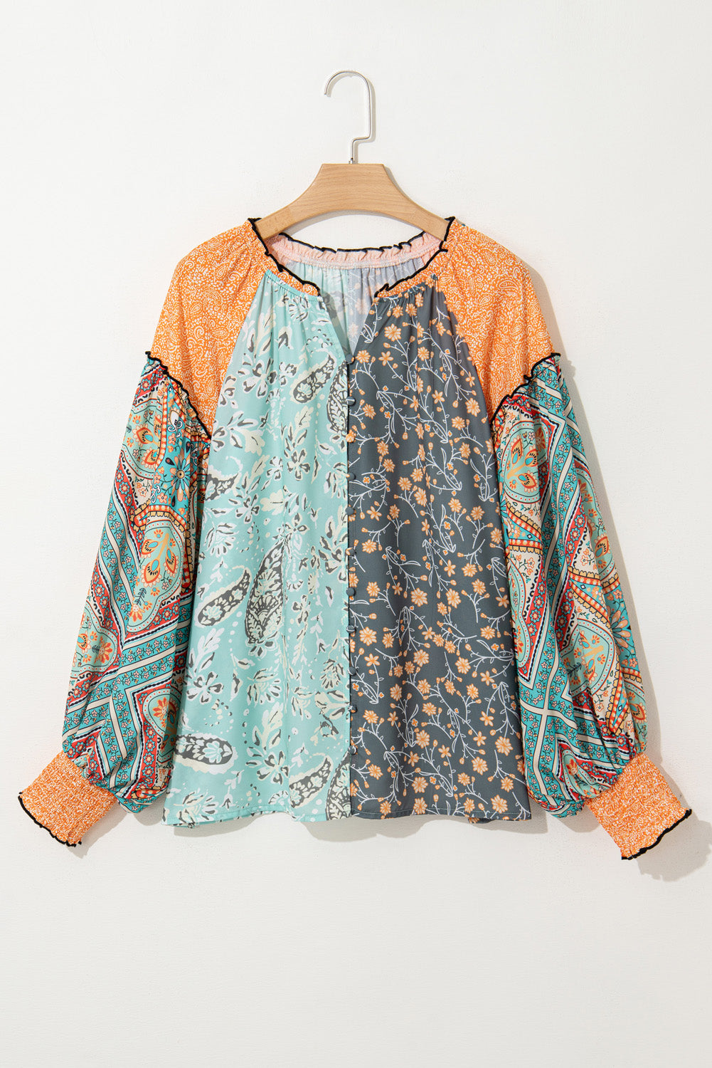 Green Floral Patchwork Lantern Sleeve Buttoned V Neck Plus Size Blouse Aaria Tees Aaria Tees