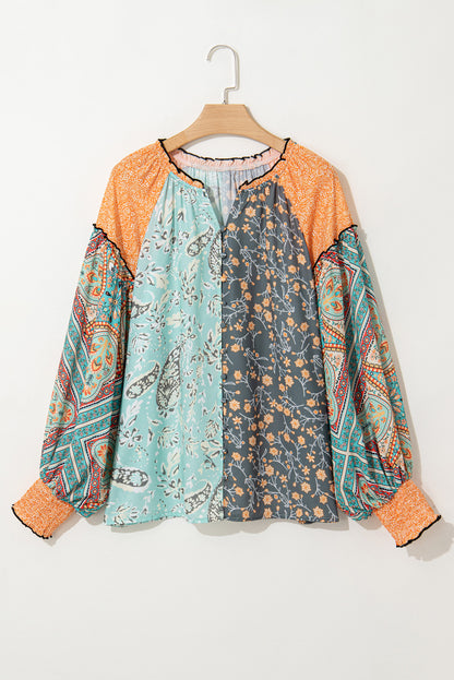 Green Floral Patchwork Lantern Sleeve Buttoned V Neck Plus Size Blouse Aaria Tees