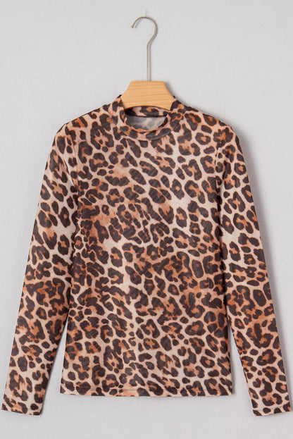 Leopard Mesh Mock Neck Long Sleeve Top