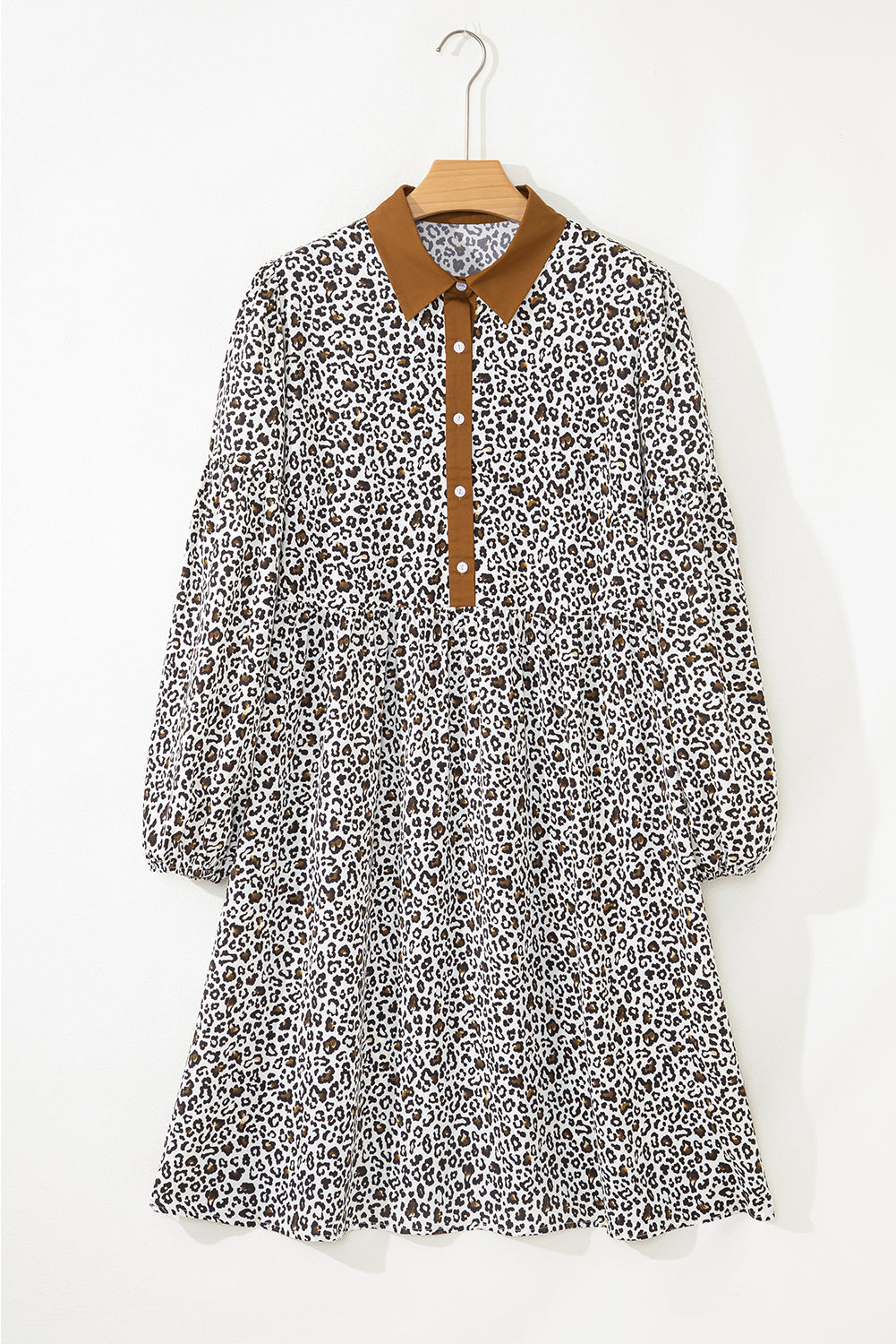 Plus Size Leopard Half-Button Collared Puff Sleeve Dress