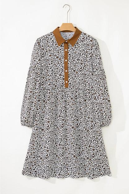 Plus Size Leopard Half-Button Collared Puff Sleeve Dress