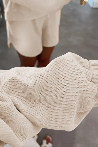 Jet Stream Solid Color Textured Knit Drop Shoulder Pullover Drawstring Shorts Set