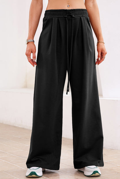 Black Tied Elastic High Waist Pleated Detail Solid Sweatpants