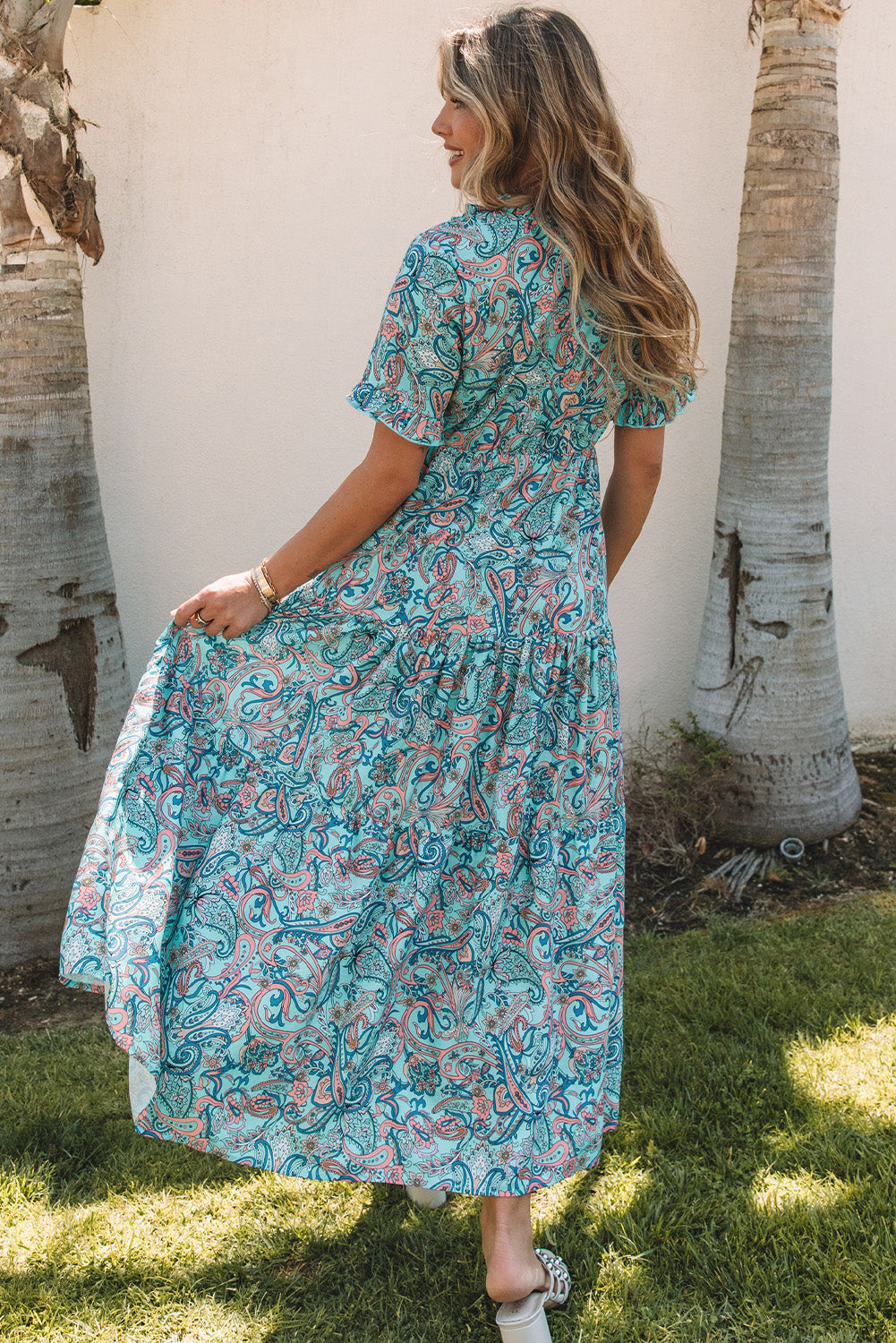 Pink Paisley Print Boho Holiday Ruffle Tiered Maxi Dress Aaria Tees