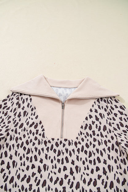 Khaki Leopard Print Zip up Collar Patchwork Shift Mini Dress