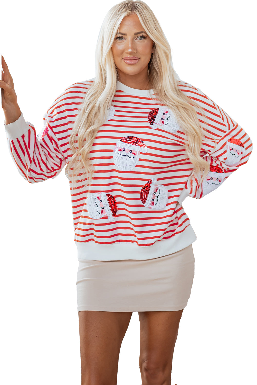Orange Stripe Sequin Santa Claus Pattern Christmas Pullover Sweatshirt