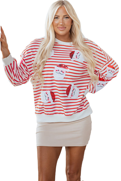 Orange Stripe Sequin Santa Claus Pattern Christmas Pullover Sweatshirt