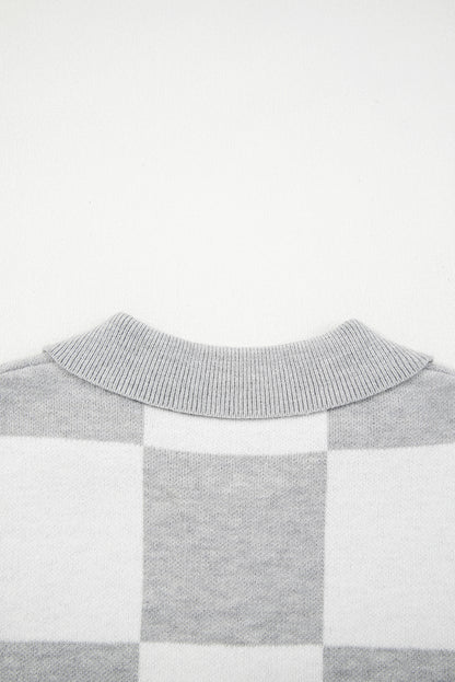 Gray Plus Size Checkered Pattern Button Polo Collar Split Sweater