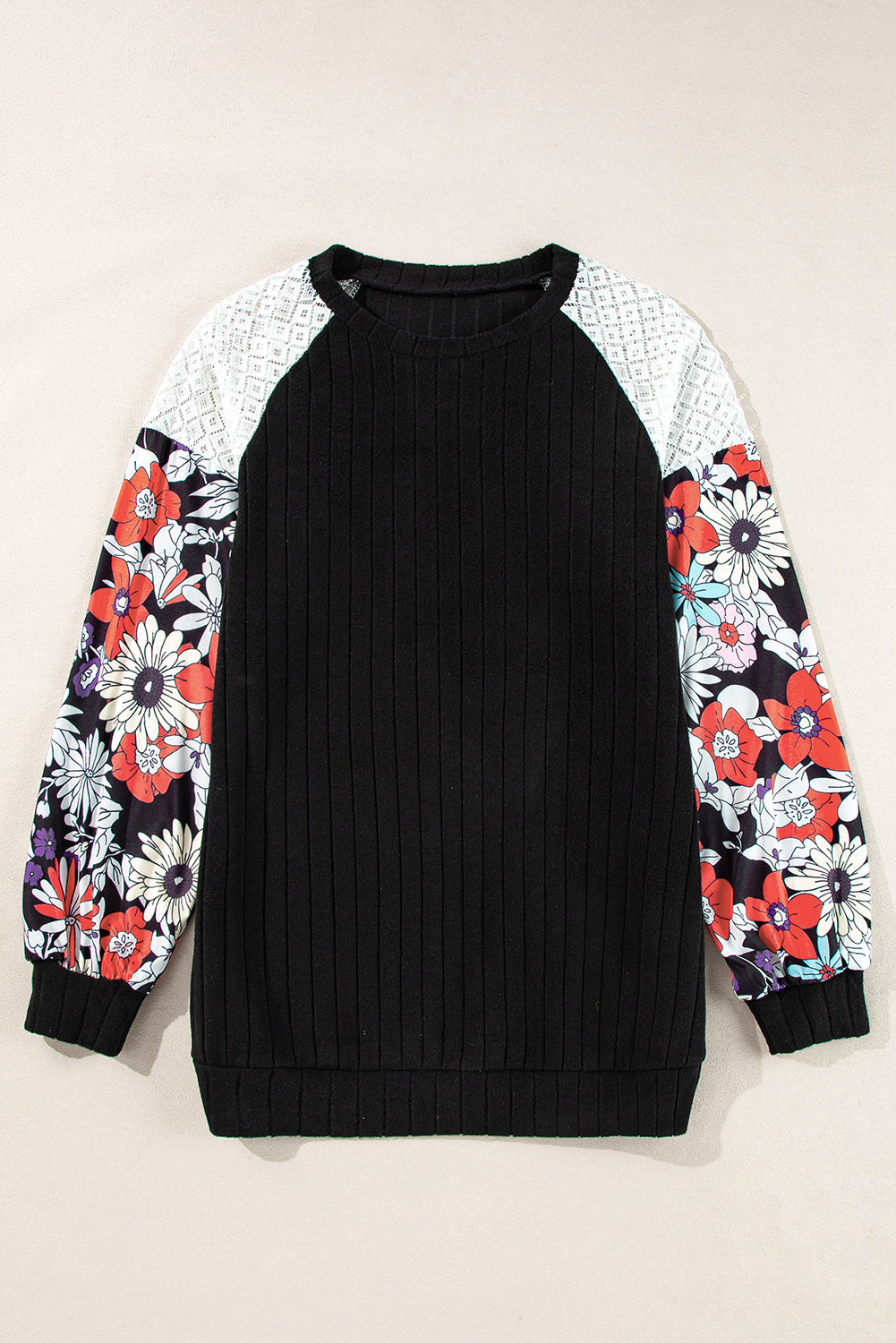 Black Floral Patchwork Long Sleeve Ribbed Blouse Aaria Tees
