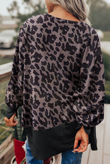 Black Leopard Patchwork Bishop Sleeve Slit Sweatshirt Aaria Tees