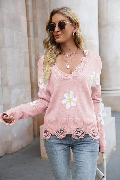 Flower Distressed Long Sleeve Sweater