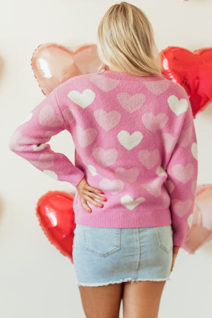 Pink Pearled Heart Print Valentines Crew Neck Sweater - Aaria Tees