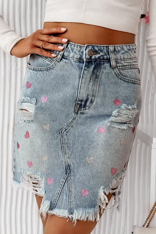 Beau Blue Shimmer Heart Pattern Distressed Denim Mini Skirt